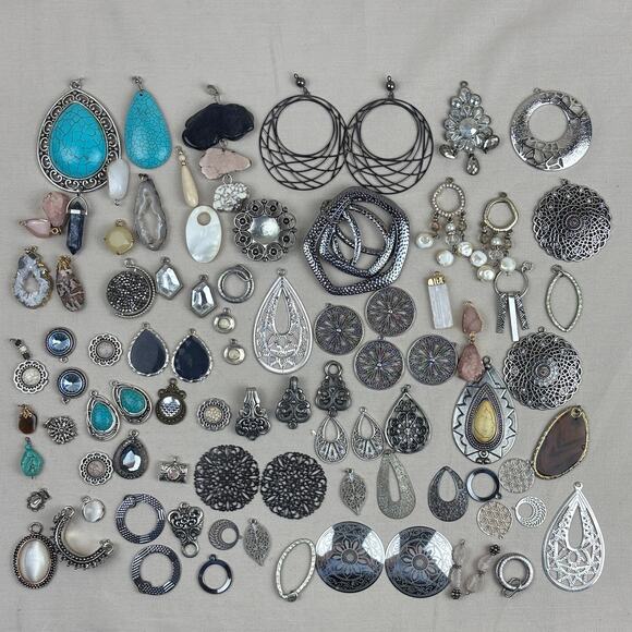 Craft Jewelry Pendants - 75+ Natural Stone Metal Medallion Teardrop Silver Tone - Picture 1 of 12